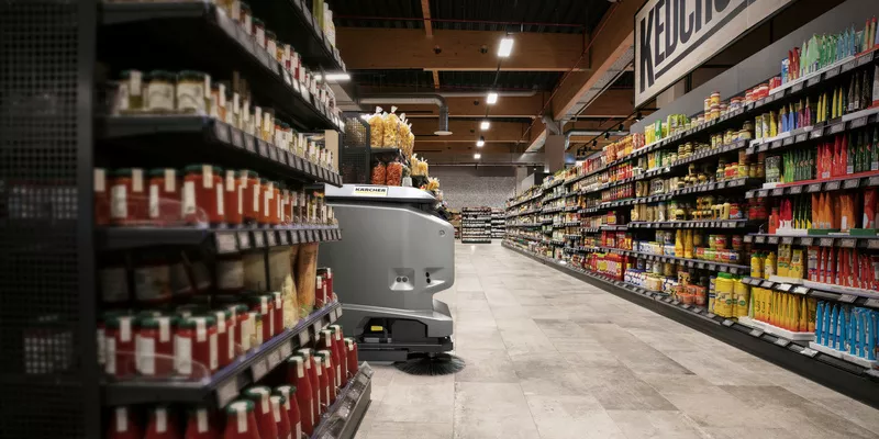 Karcher KIRA B 50 Autonomous Floor Scrubber Dryer in a Supermarket