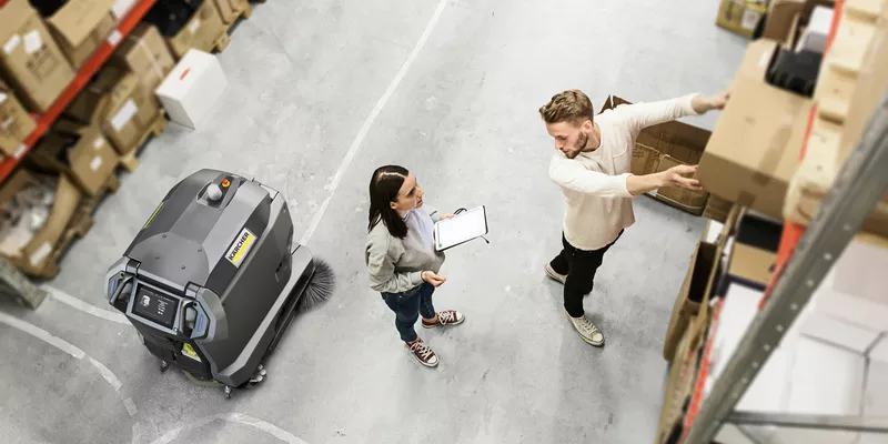 Karcher KIRA B 50 Autonomous Floor Scrubber Dryer in a Warehouse